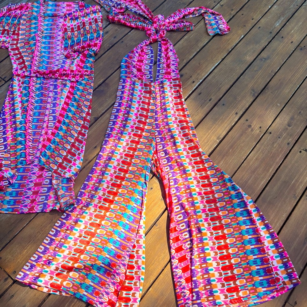 Vintage Multicolor Halter Jumpsuit with Wide Legs